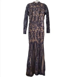 WINDSOR  Women's Maxi Dress Black/ Beige Embellished Size Small Long Sleeve Glam